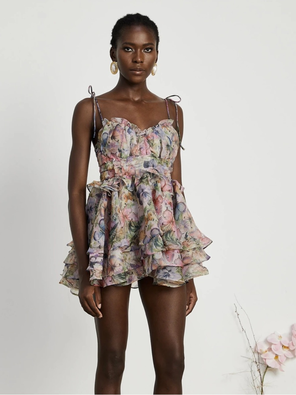 NWT Miss Rosier Juliette Floral Butterfly Pleated Lace Up Mini Dress M